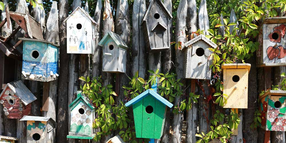 Photo montrant plusieurs type de nichoirs dans un jardin